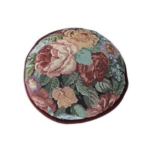 Vtg Victorian Floral Tapestry 12" Round Throw Pillow Burgundy Velvet Back